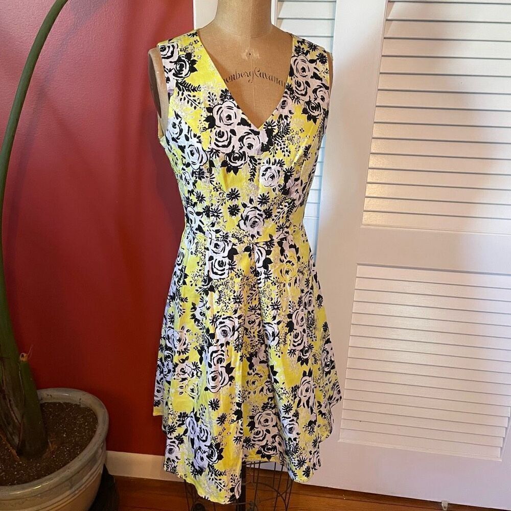 MOON | neon yellow black floral pattern dress S